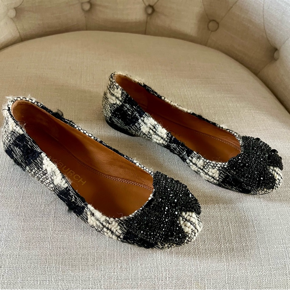 Tory Burch Tweed and beaded Black and Cream Flats with metallic thread
